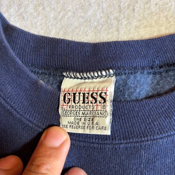 VINTAGE GUESS KNITWEAR SWEATSHIRT MEN'S ONE SIZE NAVY BLUE QUESTION MARK LOGO - Picture 3 of 8